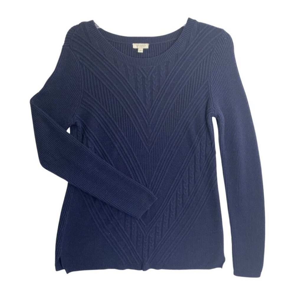 Talbots S Petite Womens Long Sleeve Sweater Ribbed V Knit Navy Blue Small